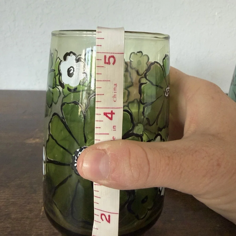 Set 2 MCM Libbey Camellia Green Daisy Glass Tumblers Vintage 1970's Replacement